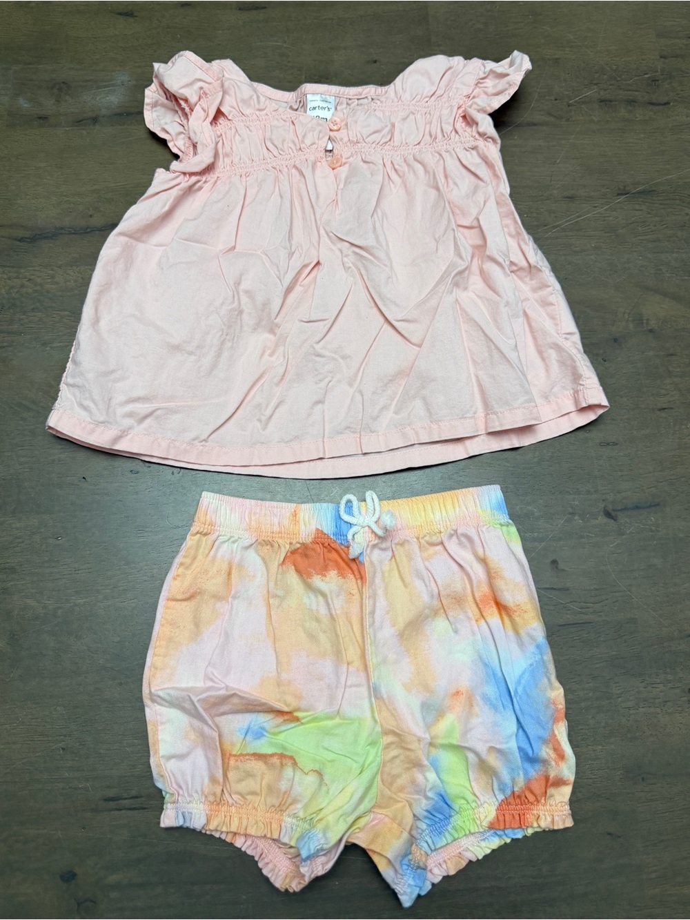 Carter's Light Pink/Peach Ruffle Top with Rainbow Tie-Dye Shorts